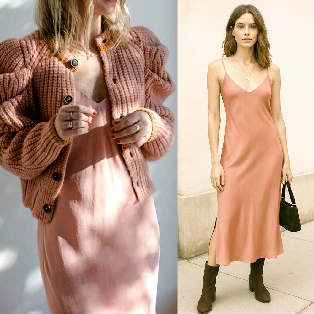 Anine Bing Silky Bay Slip Dress XS $300 Midi Sexy 90s Style Rose Pink VNeck NEW!